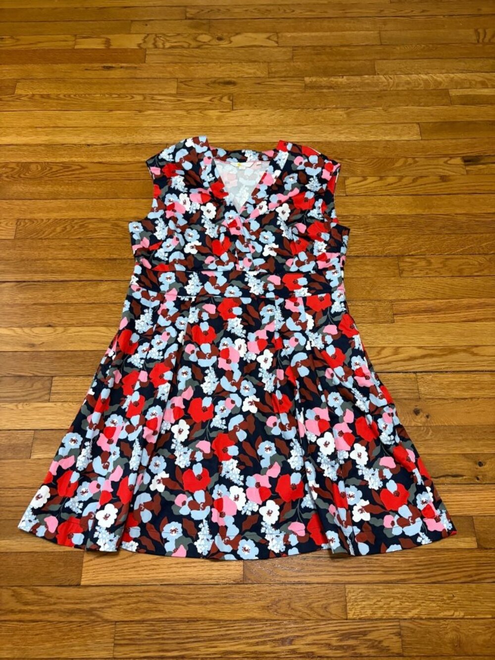 Boden Womens Sleeveless Dres Size 14 Red Navy Pink Floral Stretch Cotton @ Knee